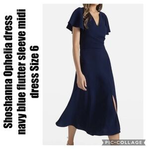 Shoshanna Ophelia Navy Blue Flutter Sleeve Midi Dress 6